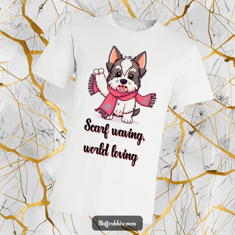 Funny Staffordshire t-shirt featuring a dog energetically waving a colorful, patterned scarf, embodying excitement and team spirit.