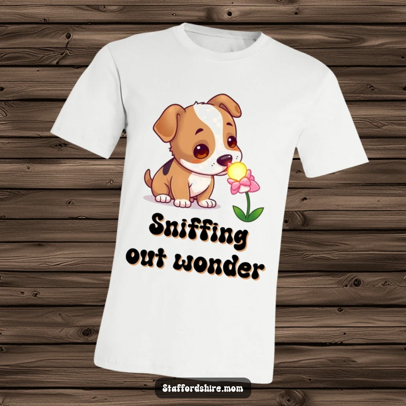 Funny curious Staffordshire dog t-shirt, sniffing a glowing flower with wonder, whimsical animal graphic.
