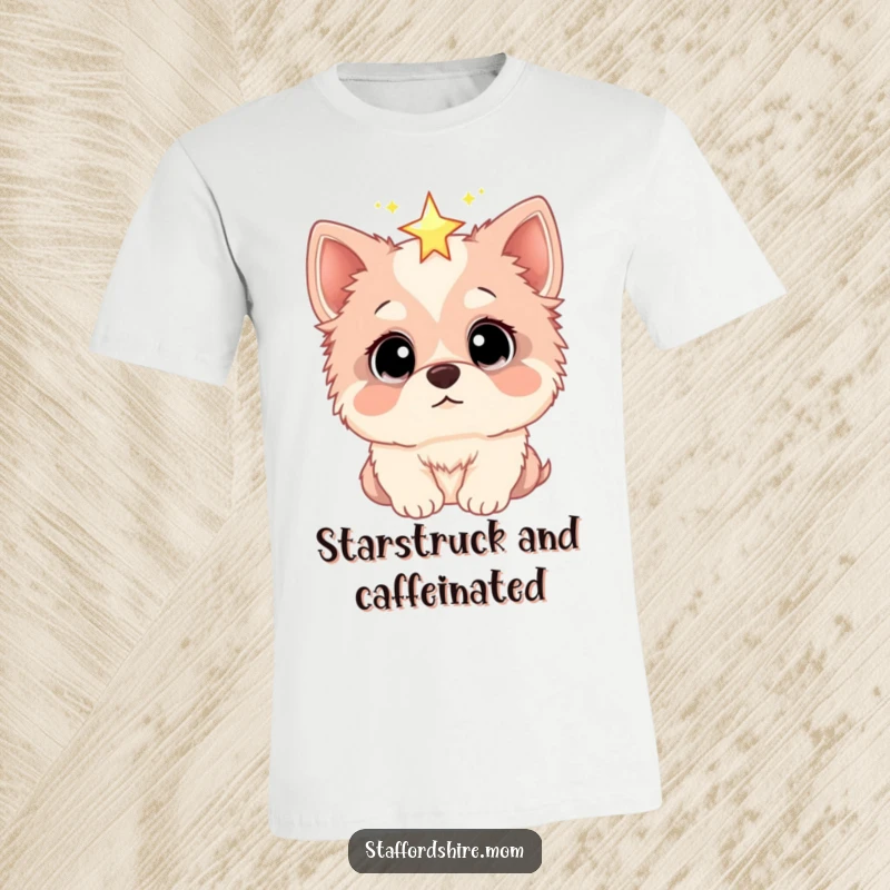 Funny t-shirt with a Staffordshire dog's wide, curious eyes focused on a twinkling star, illustrating a moment of wonder and aspiration.