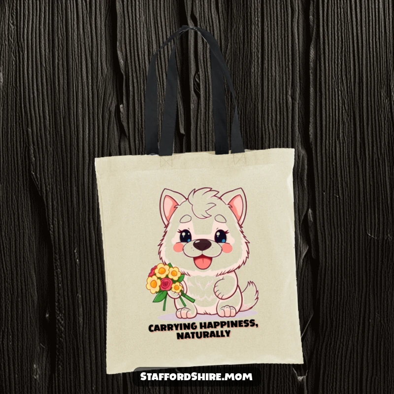 Funny tote bag featuring a cute kawaii Staffordshire dog holding a lovely bouquet of flowers, perfect for carrying groceries or daily items with flair.