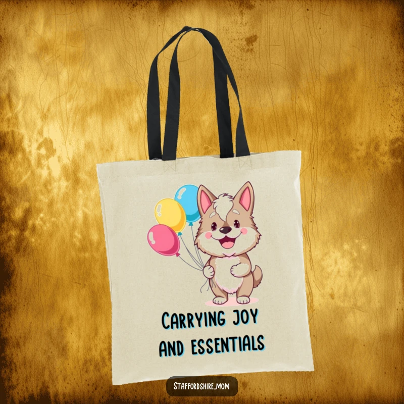 Funny Staffordshire tote bag with a dog grinning widely and holding a bouquet of balloons, ideal for carrying essentials joyfully.