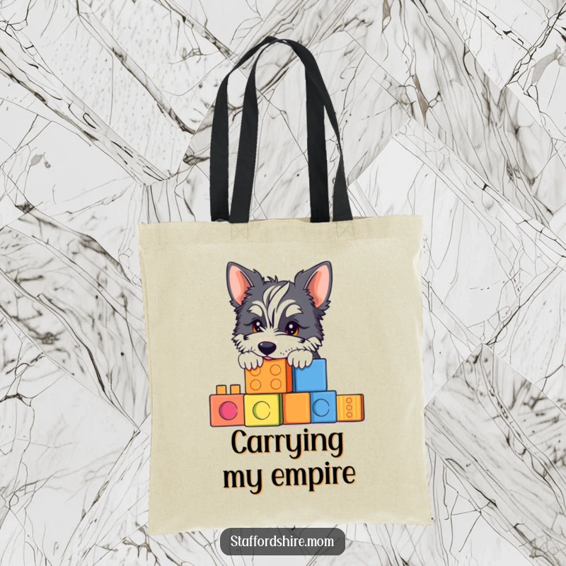 Funny Staffy tote bag with a dog peeking over building blocks, perfect for carrying essentials with a playful vibe.