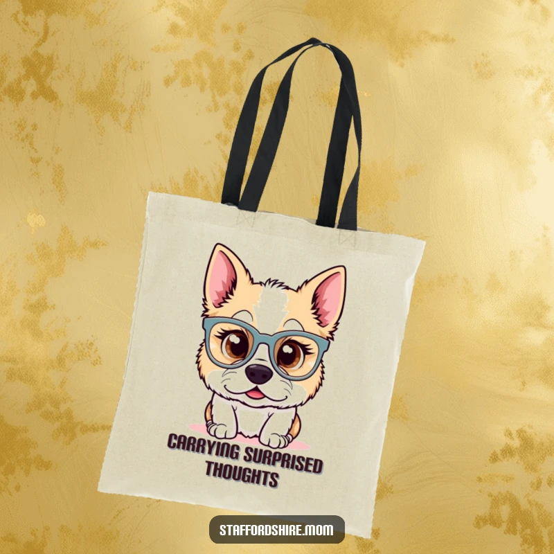 Funny Kawaii Staffordshire dog tote bag with a surprised pup wearing oversized glasses. Cute and practical, a perfect funny gift.