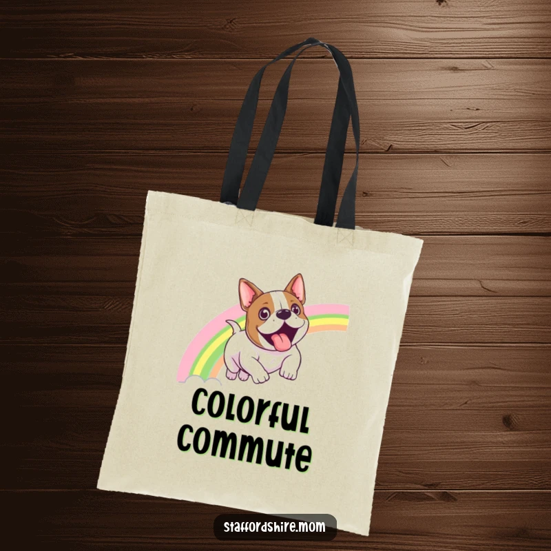 Funny Staffordshire bull terrier tote bag depicting a dog joyfully sliding down a vibrant rainbow with an expression of pure exhilaration.
