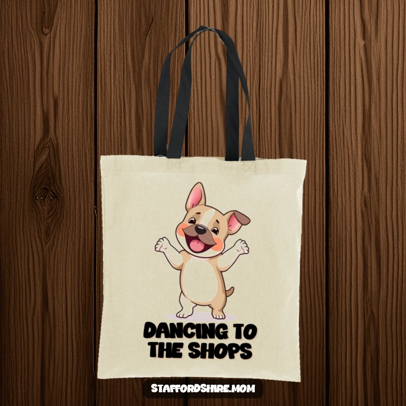 Funny Staffordshire terrier tote bag, a dog happily jigging with paws lifted, perfect for shopping and as a funny gift.