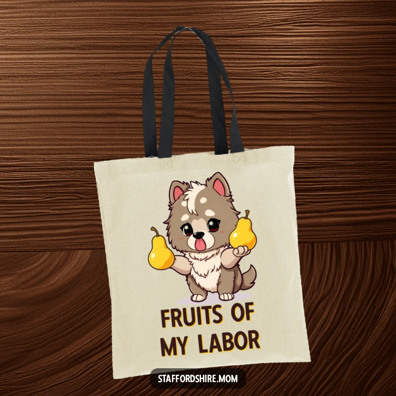 Funny Staffy tote bag with a determined dog juggling glowing pears, great for carrying essentials with flair.