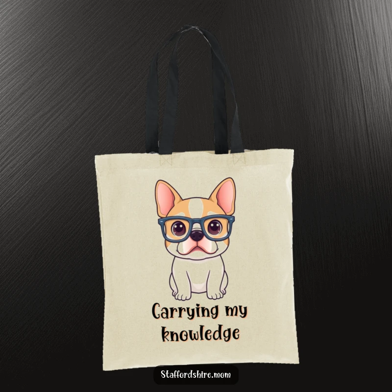 Funny Staffordshire terrier wearing oversized glasses, looking curiously intelligent on this charming tote bag.