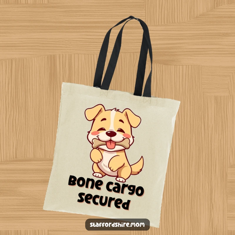 Funny tote bag with a broad-chested dog wiggling joyfully while clutching a bone firmly in its happy mouth.