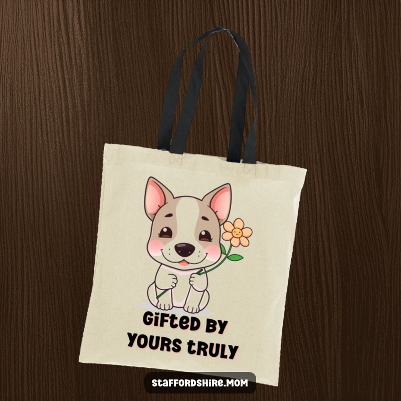Funny, kawaii Staffordshire terrier gently offering a flower with a sweet smile, a heartwarming graphic on this tote bag.