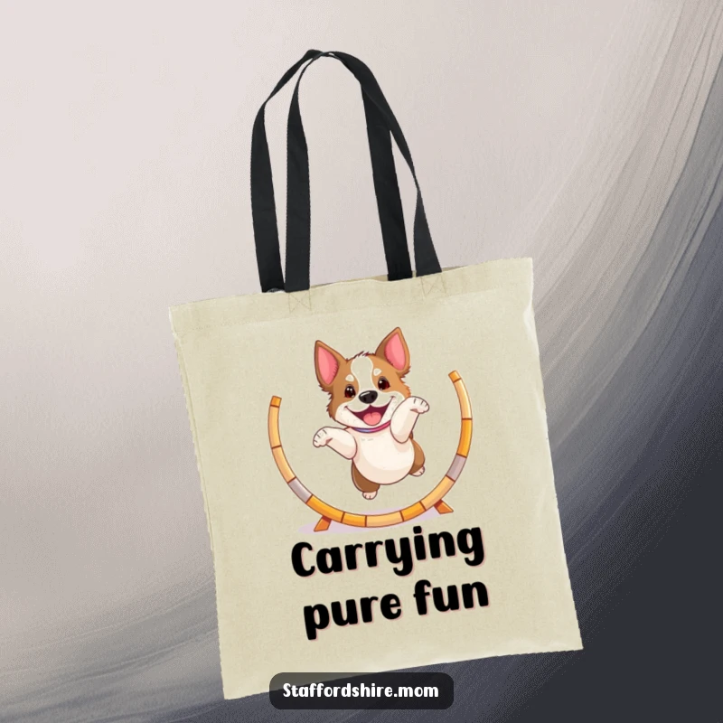 Funny playful Staffordshire dog tote bag, jumping through a hoop, energetic and humorous accessory.