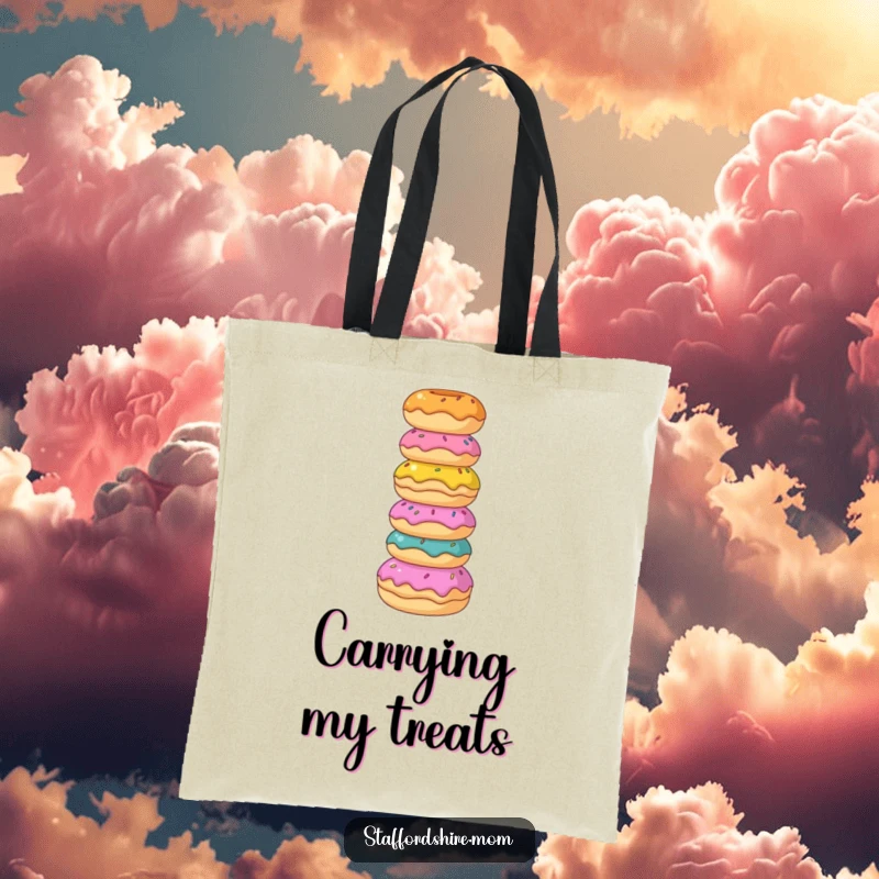 Funny Staffordshire tote bag, a dog balances a donut tower, symbolizing sweet errands and portable indulgence.
