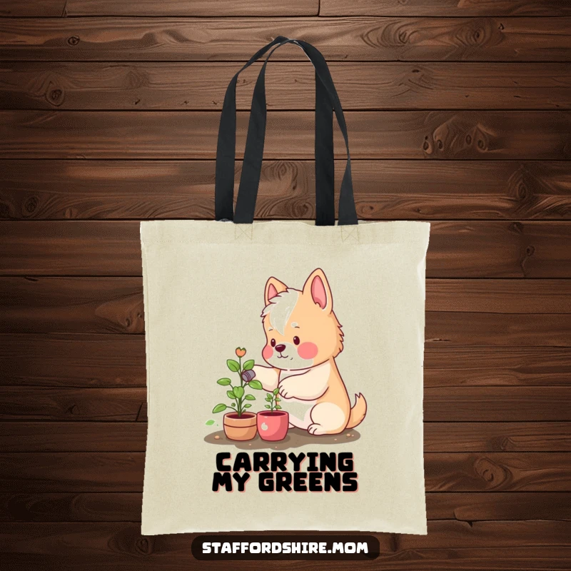 Funny tote bag featuring a Staffordshire with rosy cheeks watering a small green plant, showcasing a love for nature and pets.
