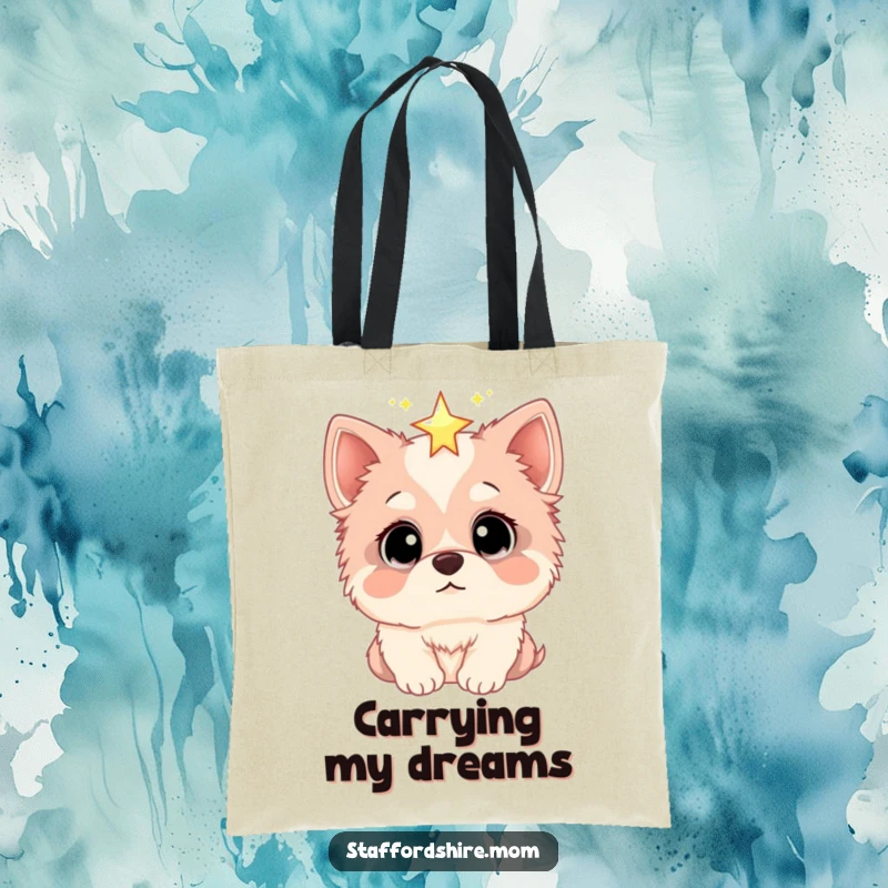 Funny tote bag showcasing a Staffordshire dog with wide, expressive eyes looking up at a bright, sparkling star, perfect for carrying daily items.