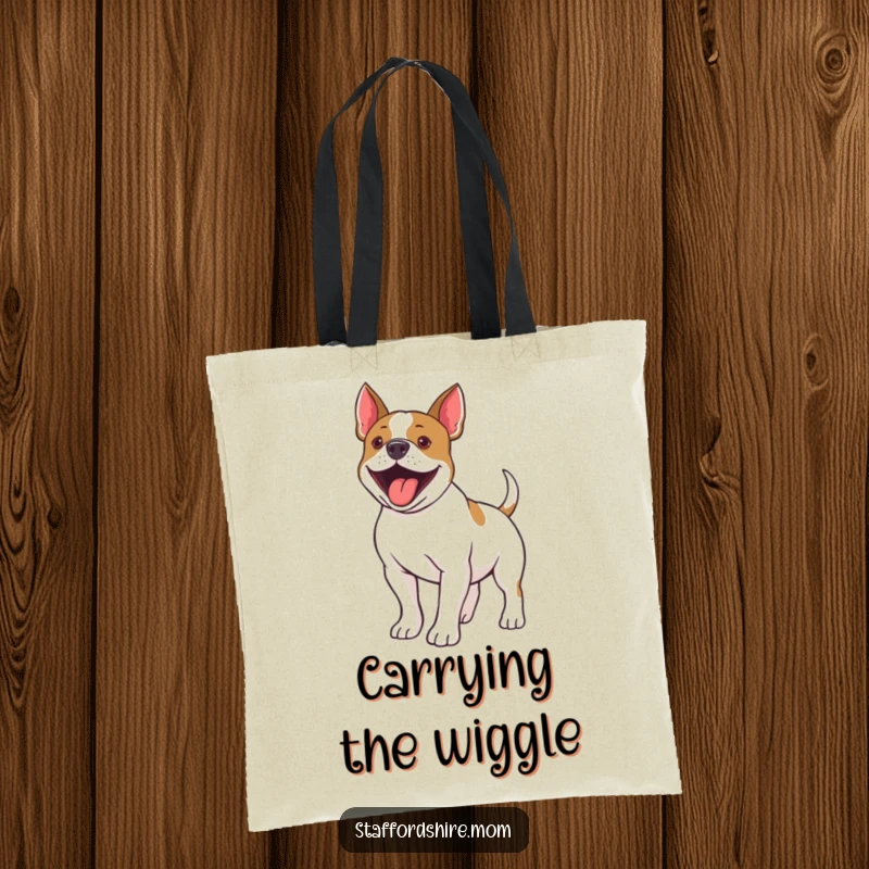 Funny Staffordshire Bull Terrier tote bag with a dog wiggling its tail, perfect for carrying groceries with a smile.