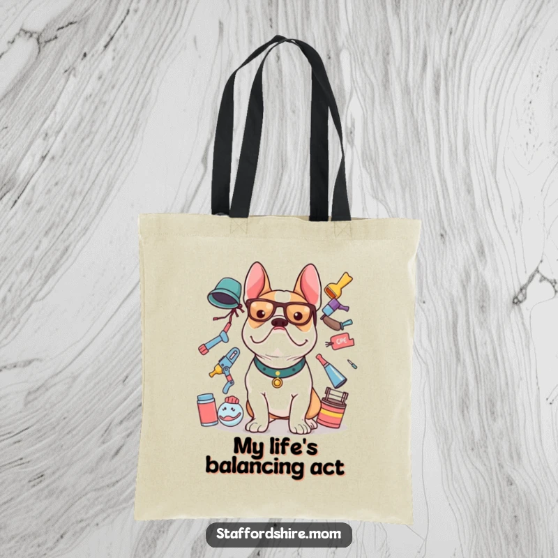 Funny Staffy tote bag featuring a happy Staffordshire Bull Terrier balancing a precarious stack of objects.