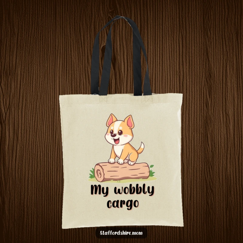 Funny Dog Tote Bag: A stocky dog with an eager expression attempts to balance on a small log, a comical scene.